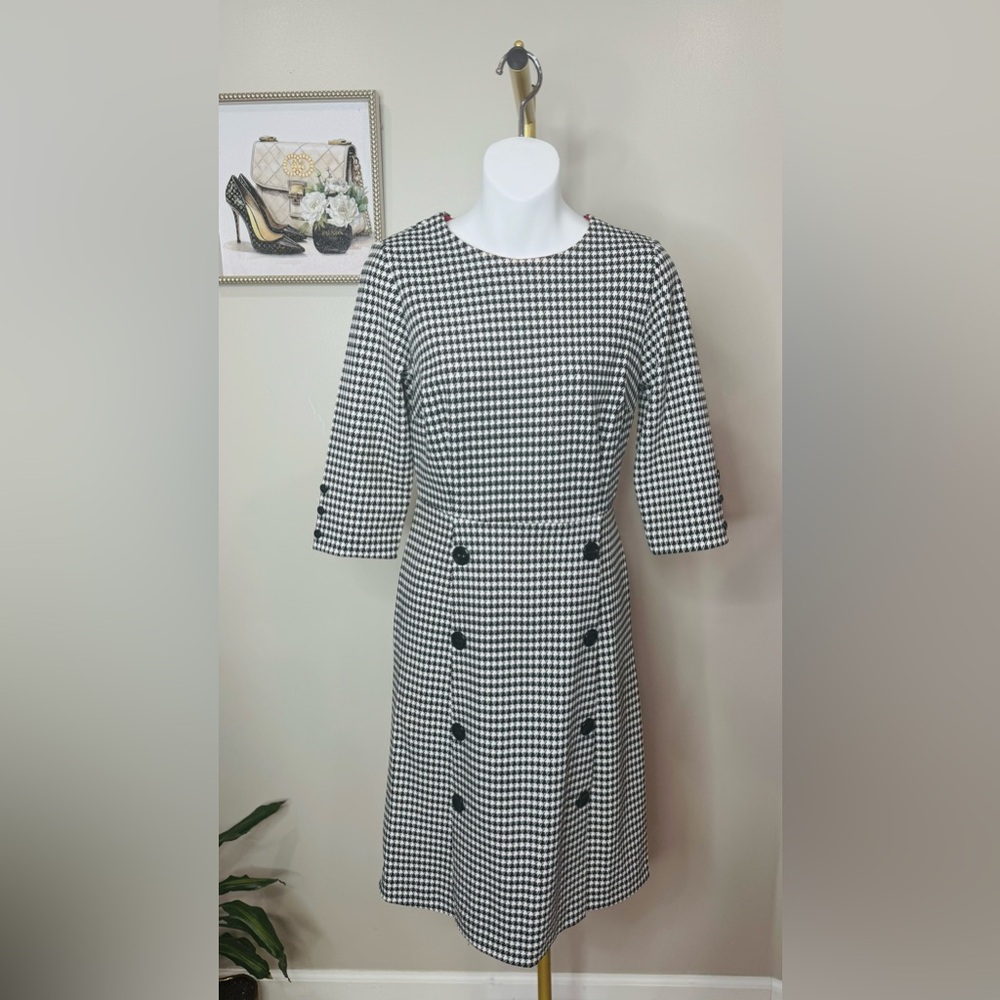 Shelby & Palmer Black and White Houndstooth Long Sleeve Sheath Dress